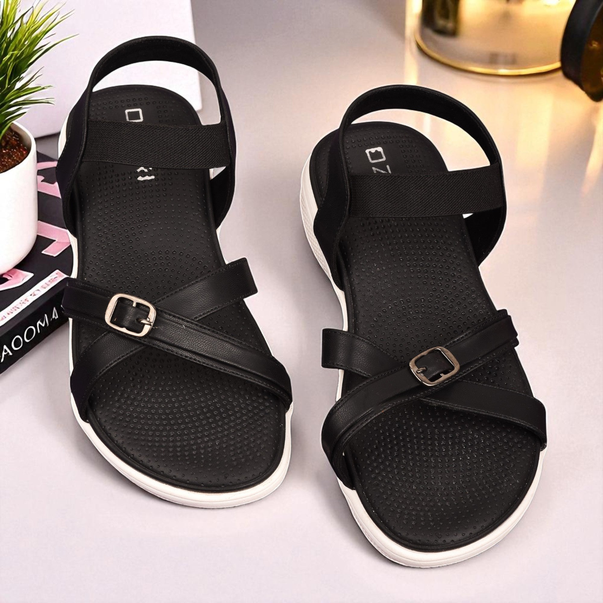 Women’s Casual Comfort Sandals with Elastic Strap and Buckle Detail