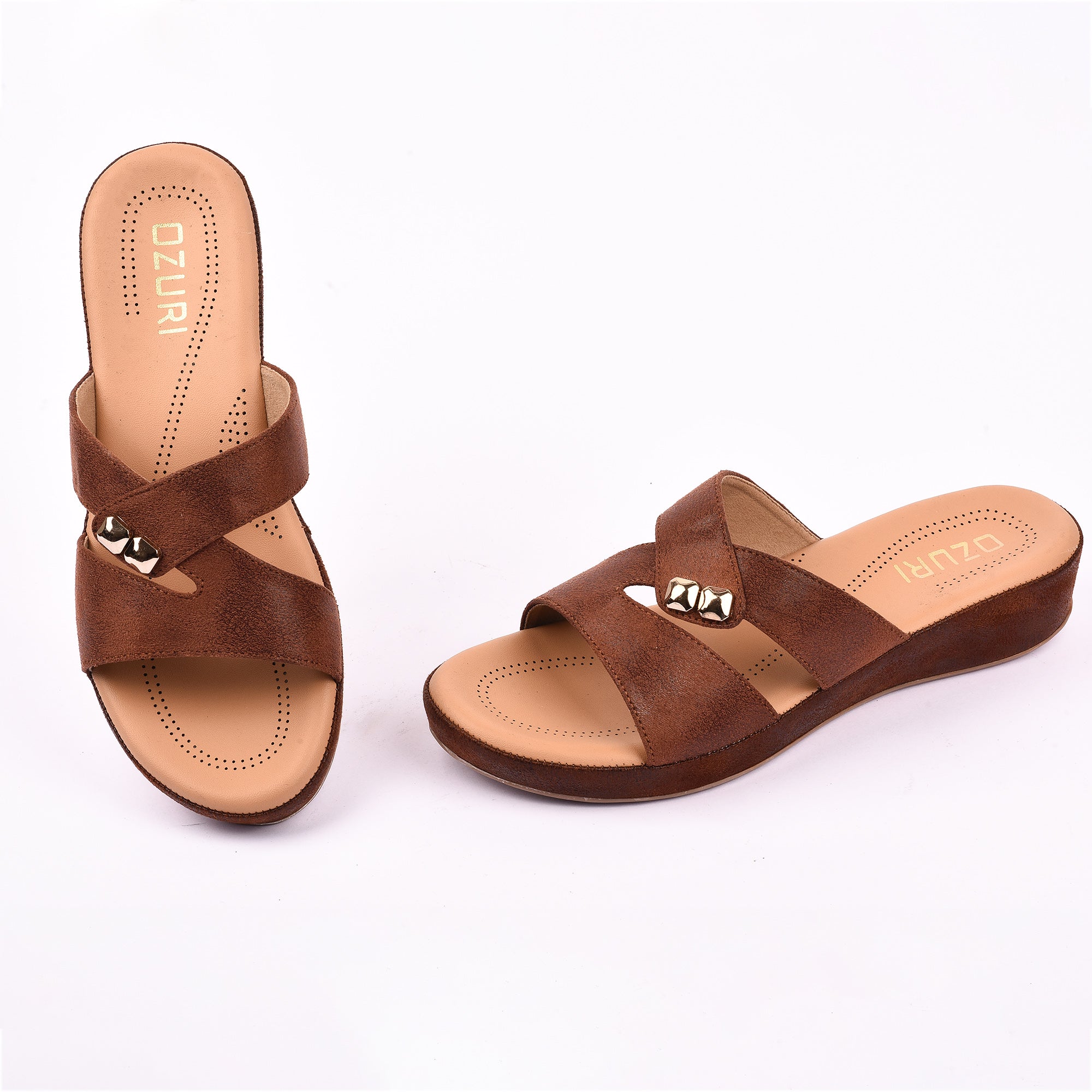 Women's Brown Cross-Strap Wedge Sandals with Gold Stud Accents