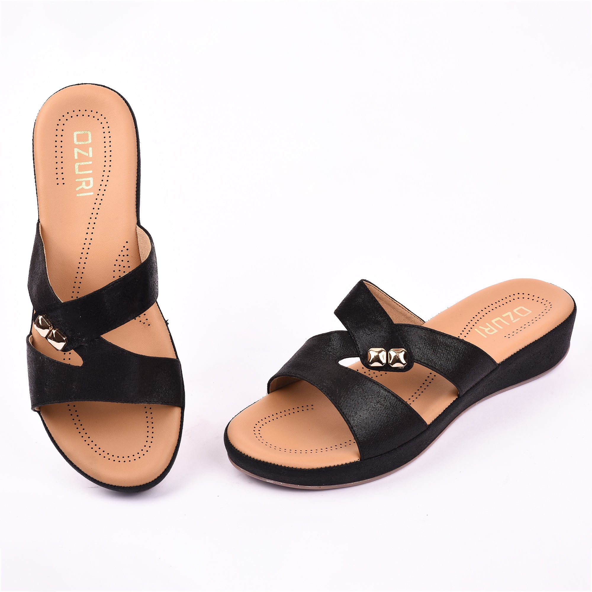 Women's Brown Cross-Strap Wedge Sandals with Gold Stud Accents