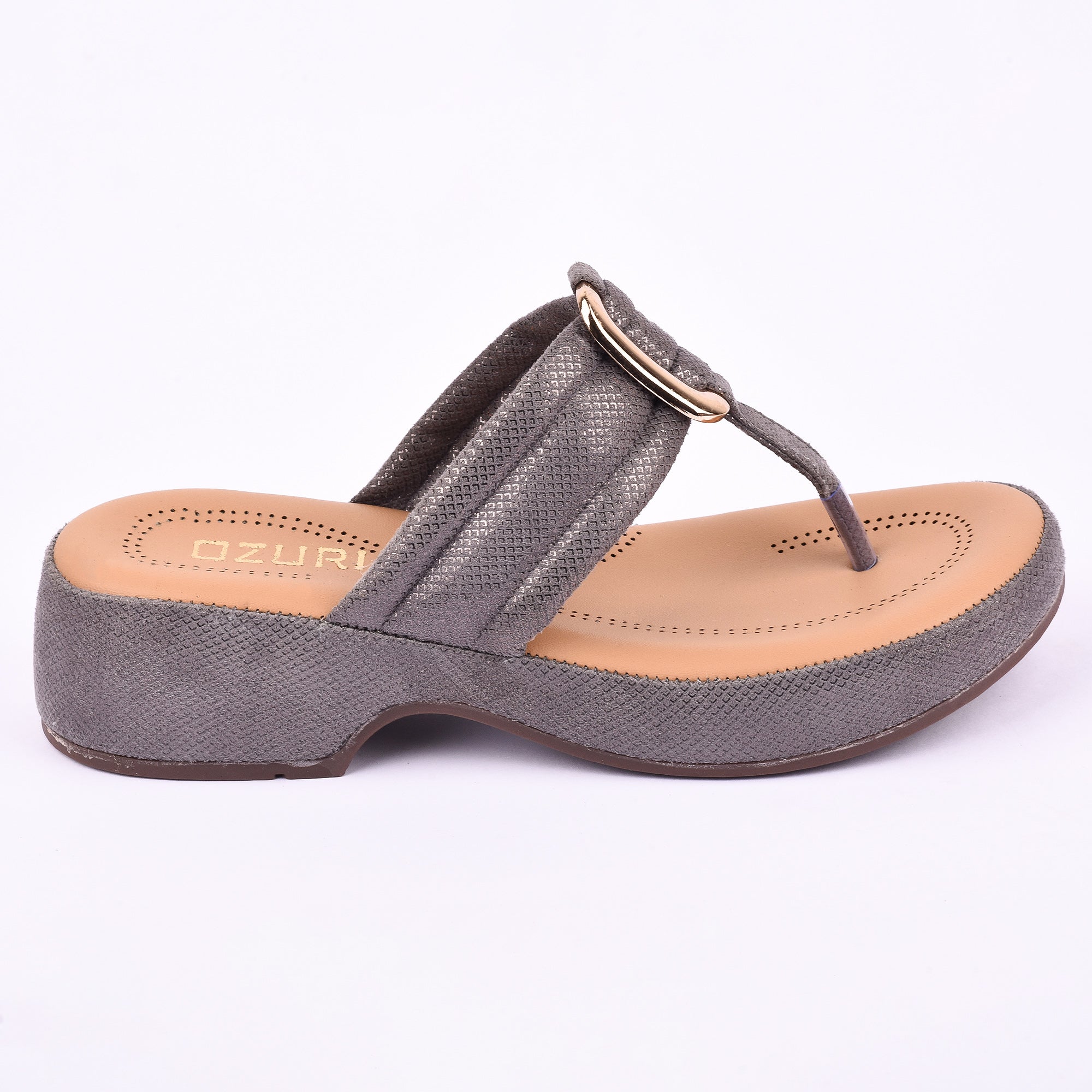 Women's Elegant Grey Textured Wedge Toe-Ring Sandal with Buckle Detail