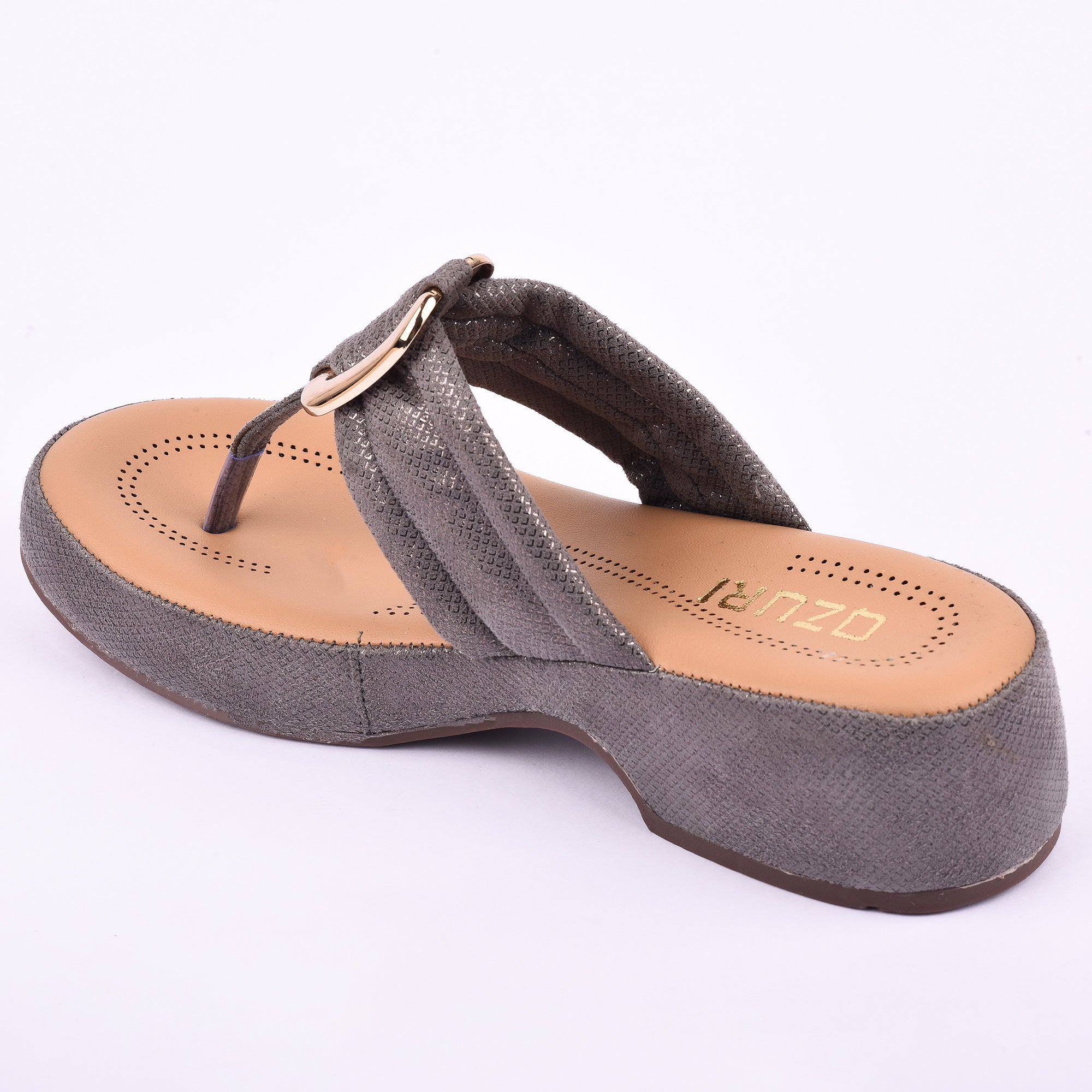 Women's Elegant Grey Textured Wedge Toe-Ring Sandal with Buckle Detail