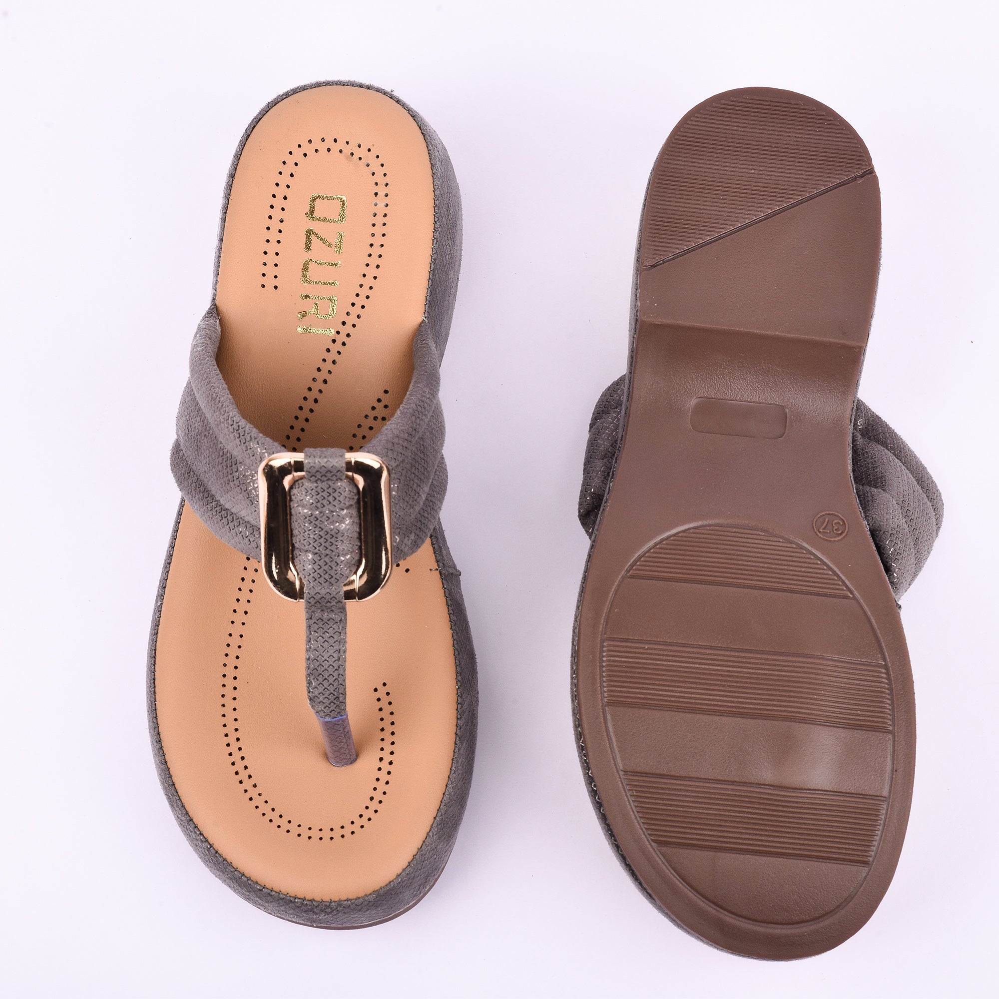 Women's Elegant Grey Textured Wedge Toe-Ring Sandal with Buckle Detail