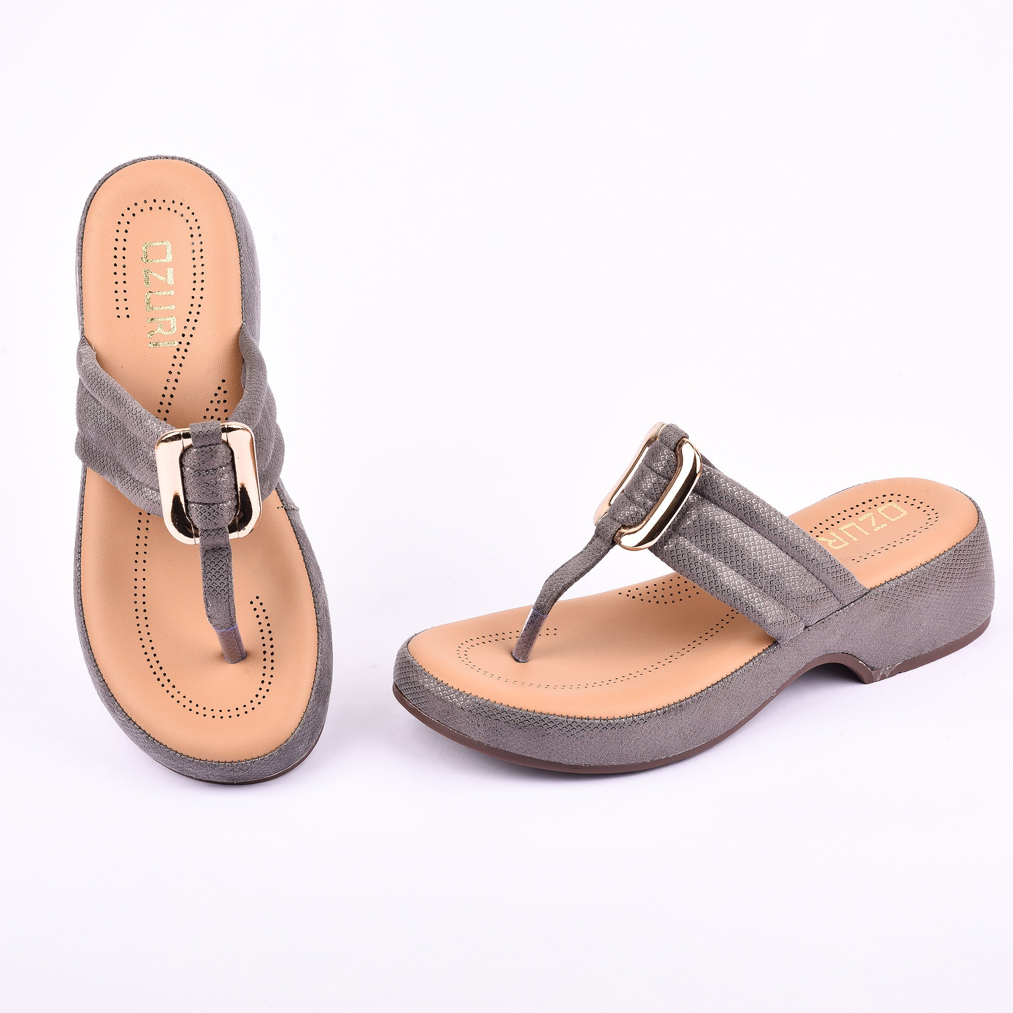 Women's Elegant Grey Textured Wedge Toe-Ring Sandal with Buckle Detail