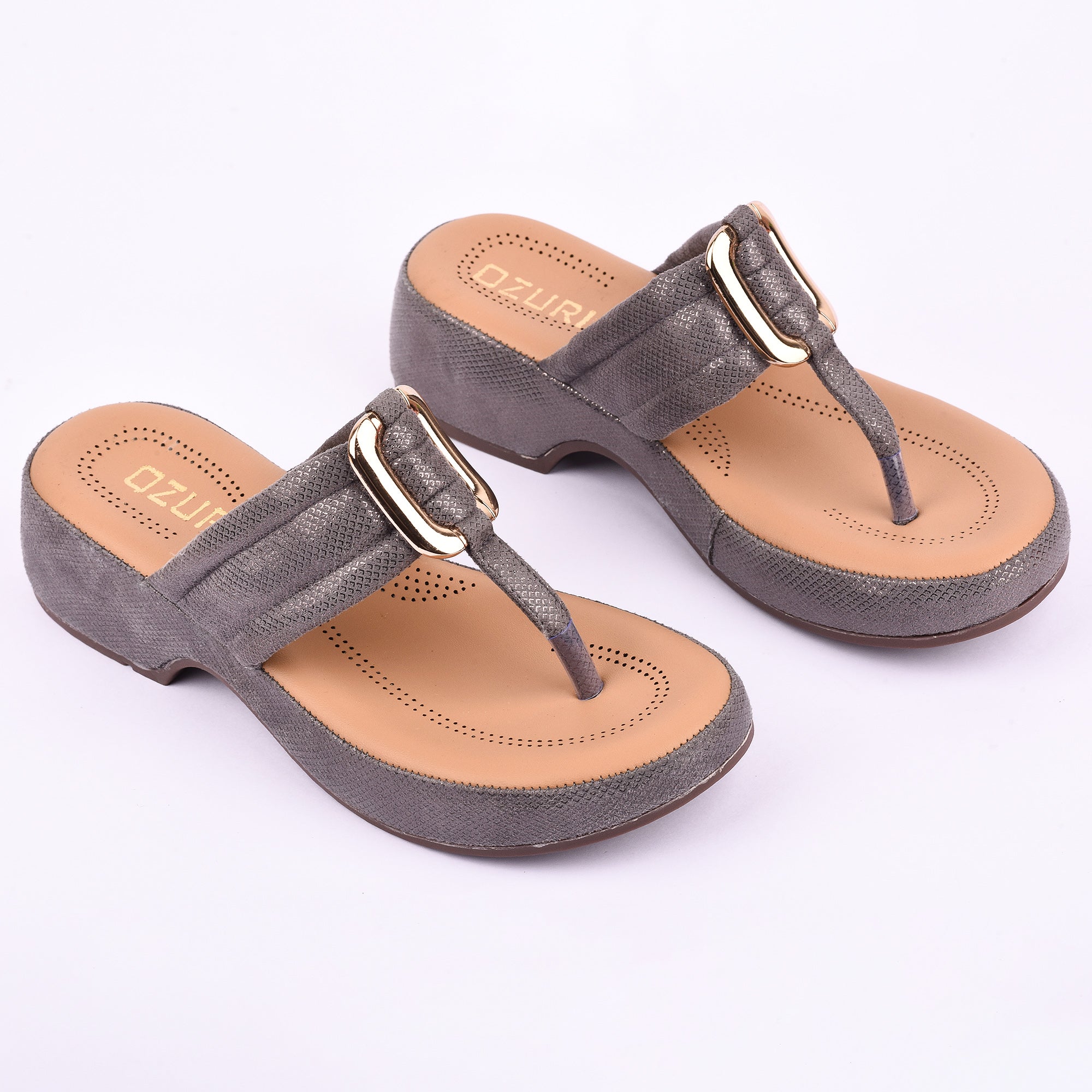 Women's Elegant Grey Textured Wedge Toe-Ring Sandal with Buckle Detail