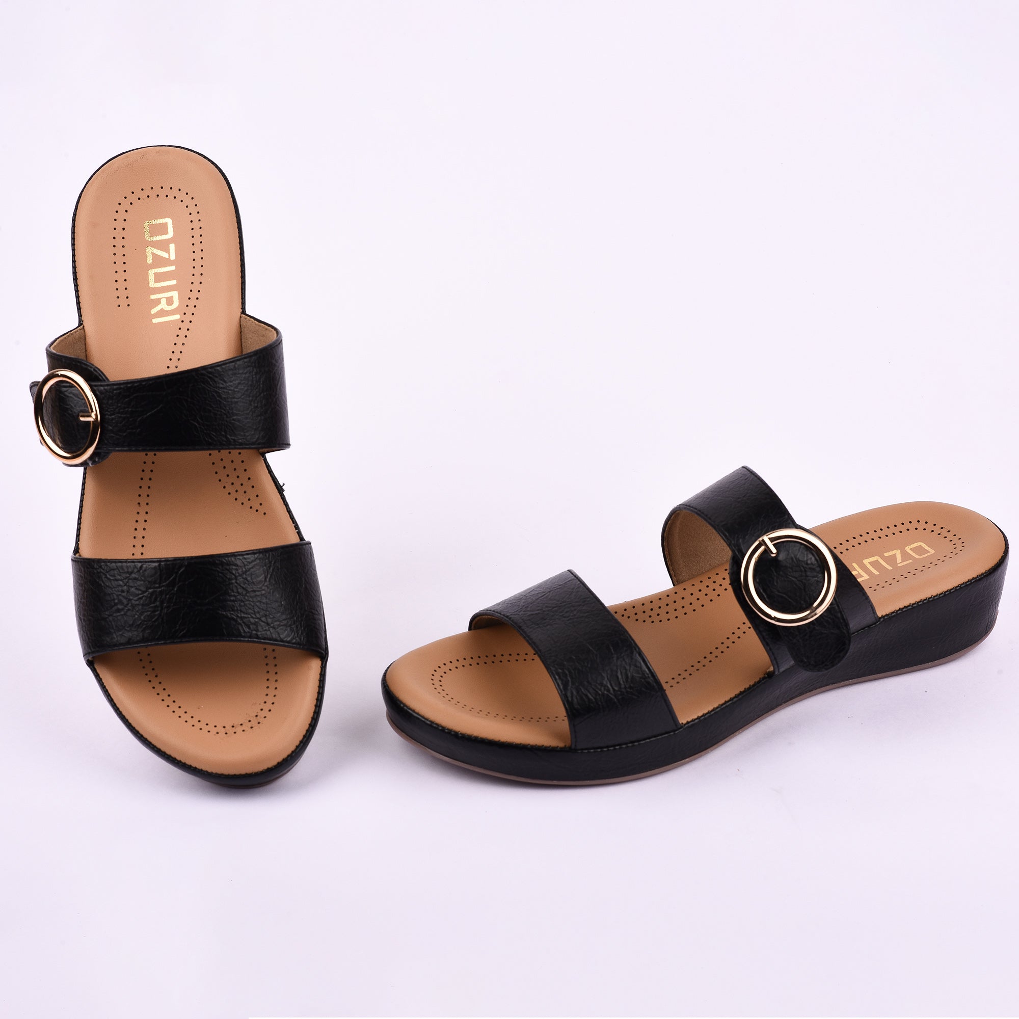 Women’s Slip-On Wedge Sandals with Double Strap and Buckle Detail