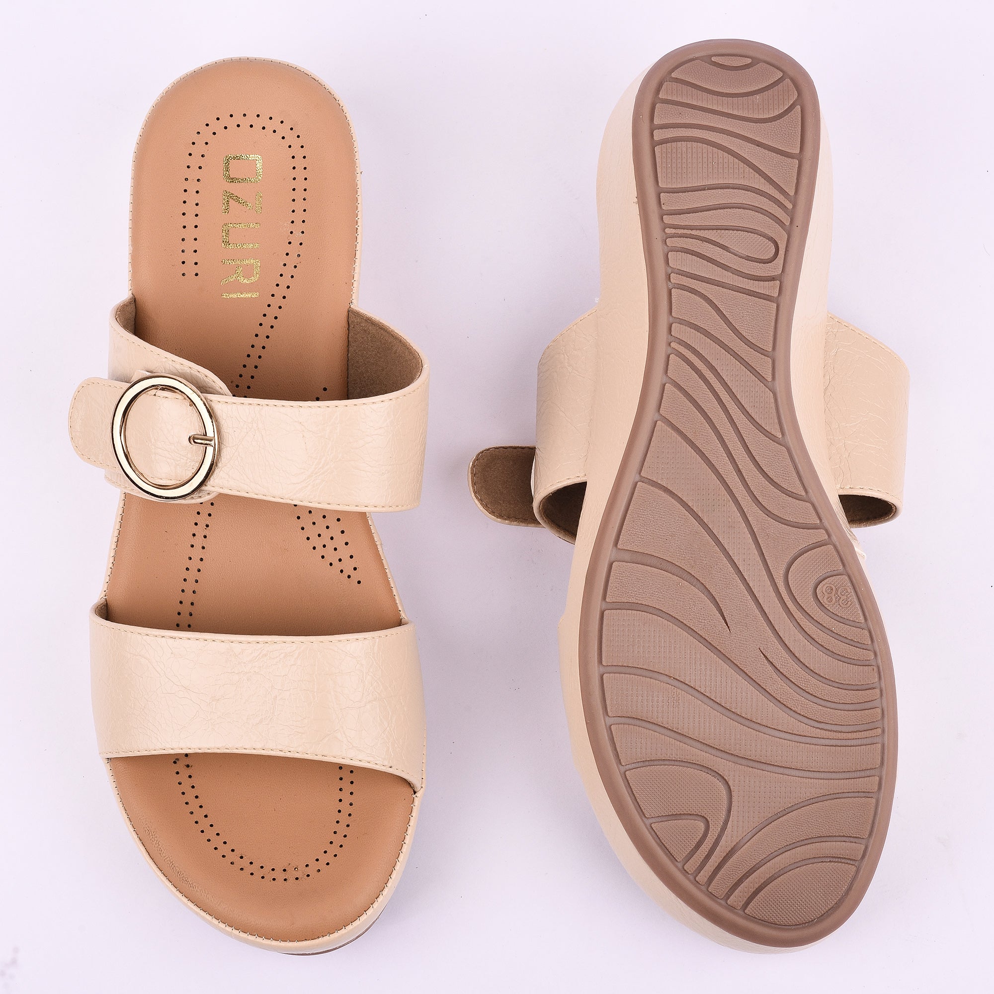 Women’s Slip-On Wedge Sandals with Double Strap and Buckle Detail