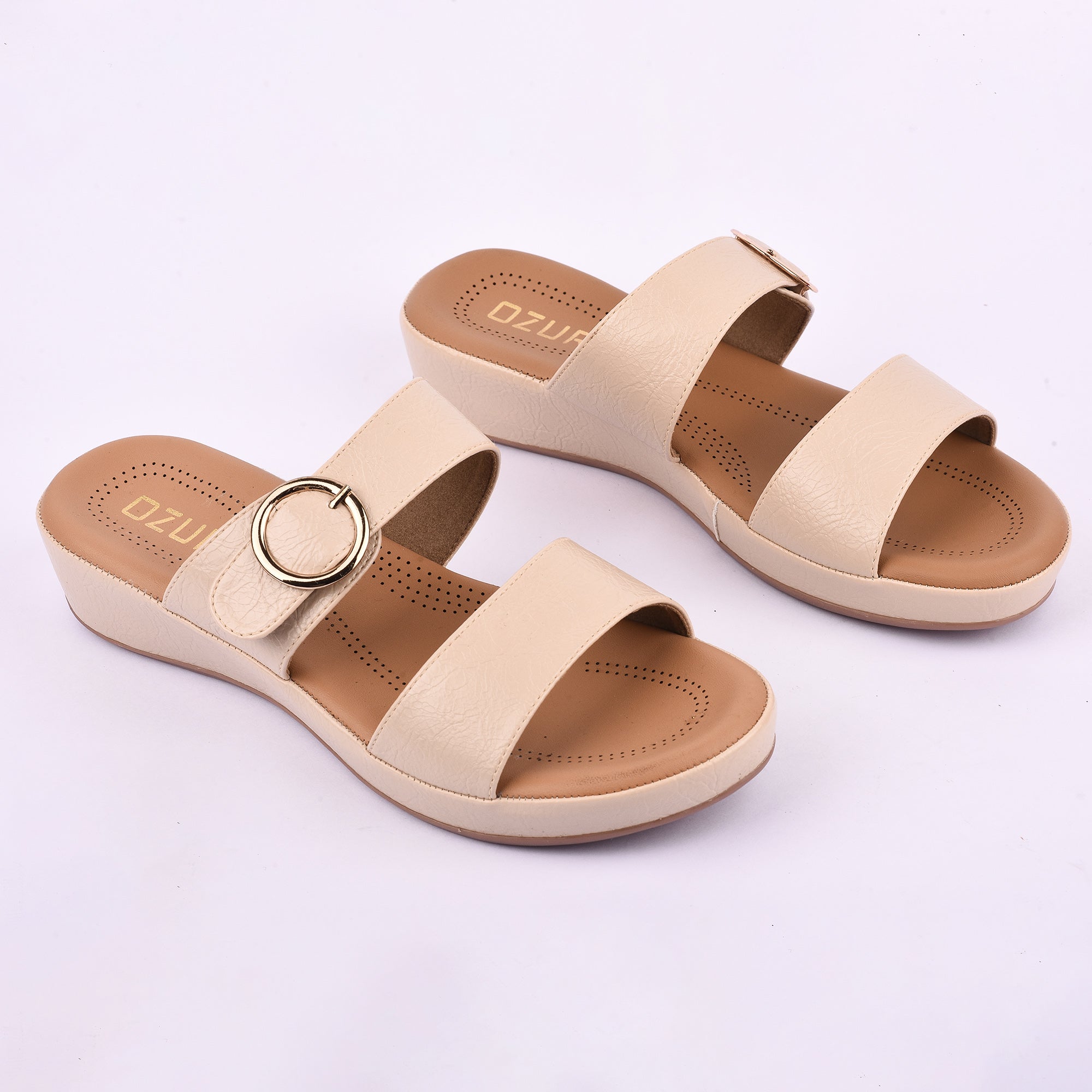 Women’s Slip-On Wedge Sandals with Double Strap and Buckle Detail