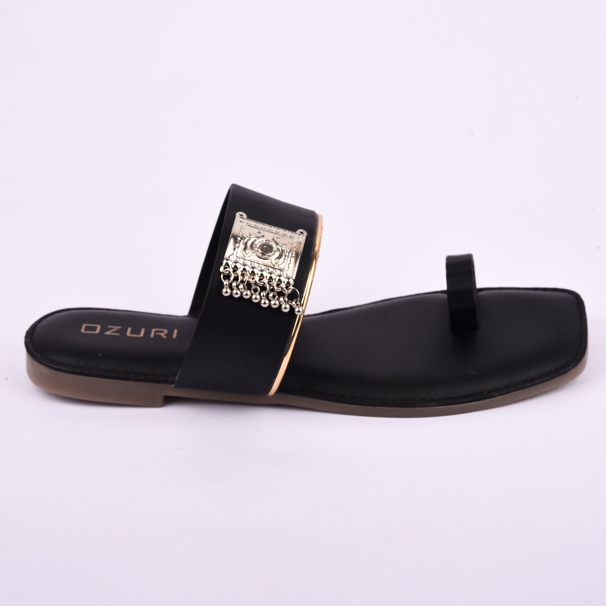 Stylish Ethnic Toe Ring Flat Sandal with Metallic Embellishment