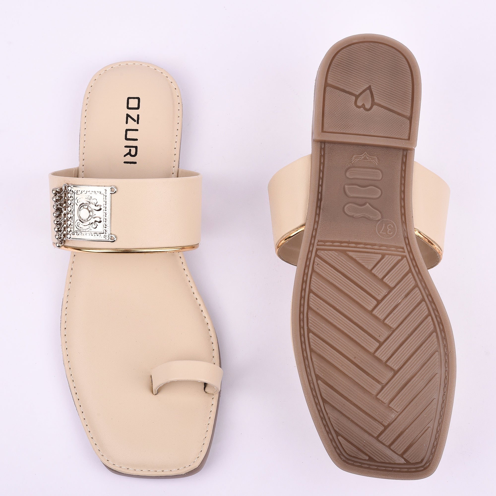 Stylish Ethnic Toe Ring Flat Sandal with Metallic Embellishment