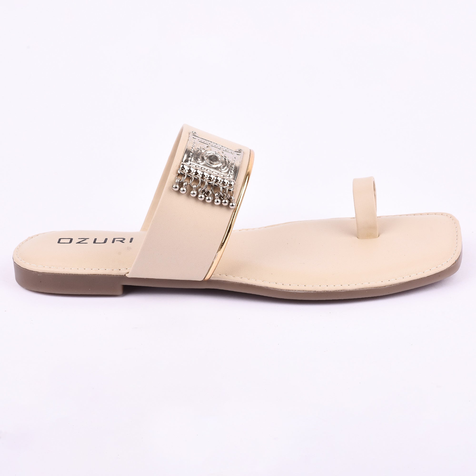 Stylish Ethnic Toe Ring Flat Sandal with Metallic Embellishment