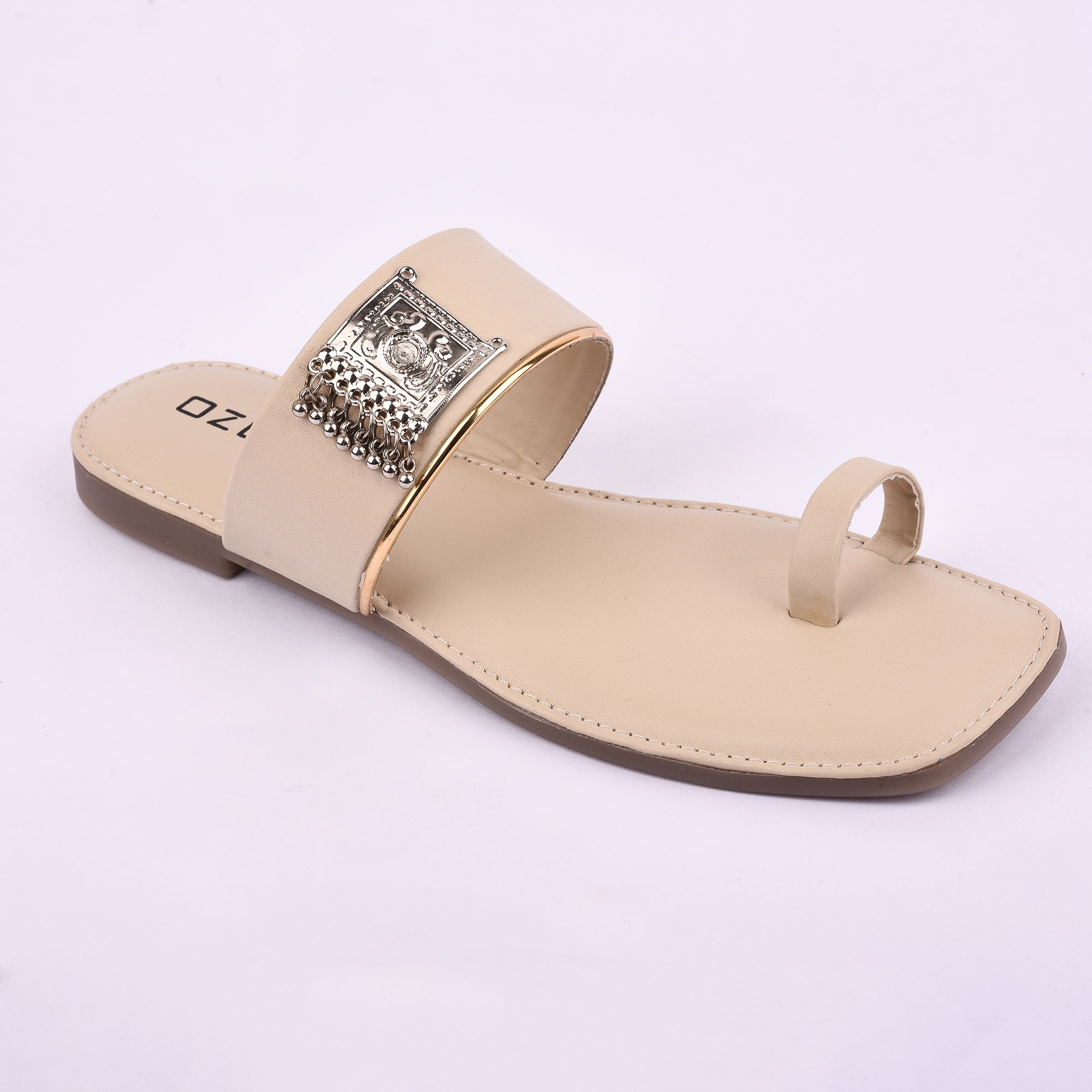 Stylish Ethnic Toe Ring Flat Sandal with Metallic Embellishment