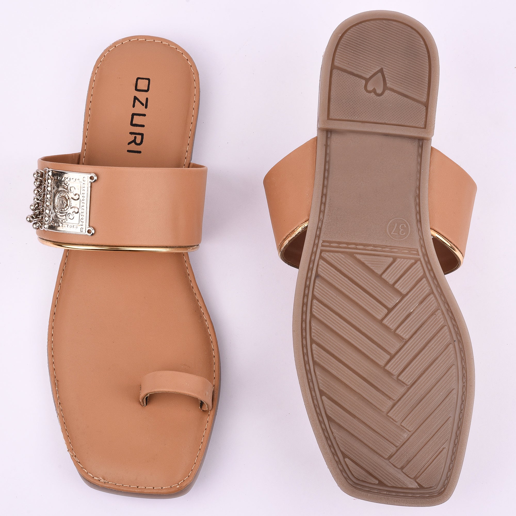 Stylish Ethnic Toe Ring Flat Sandal with Metallic Embellishment