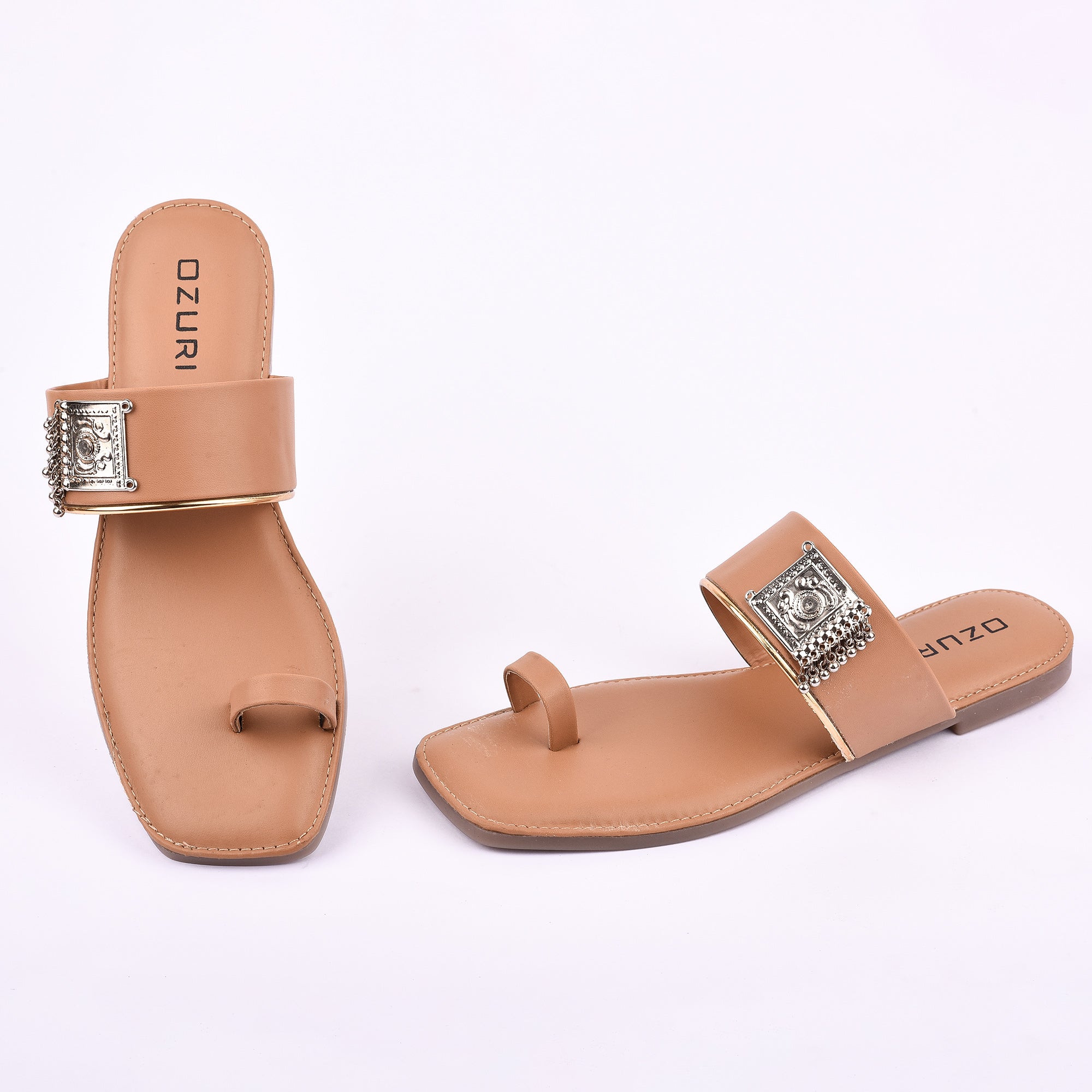 Stylish Ethnic Toe Ring Flat Sandal with Metallic Embellishment
