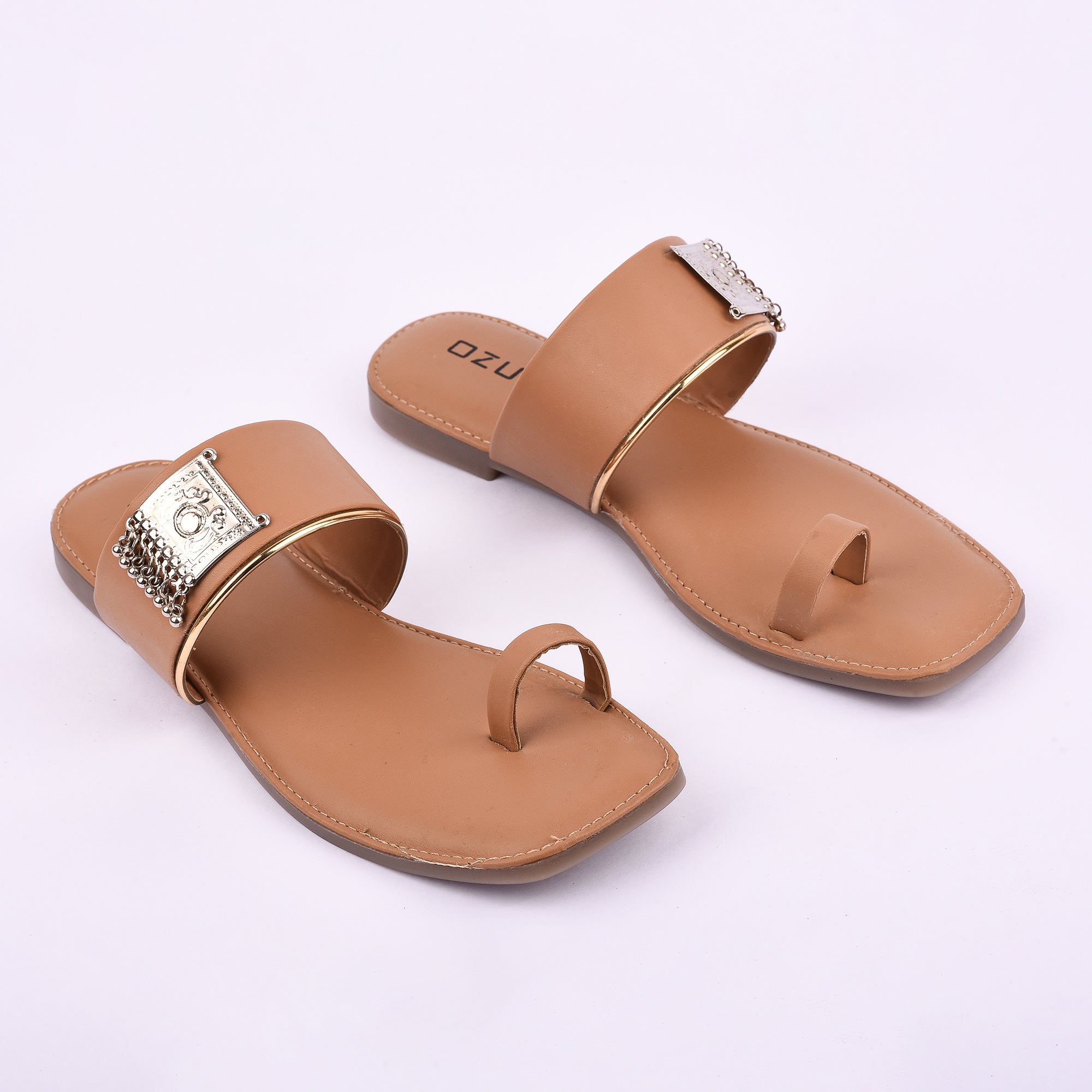 Stylish Ethnic Toe Ring Flat Sandal with Metallic Embellishment