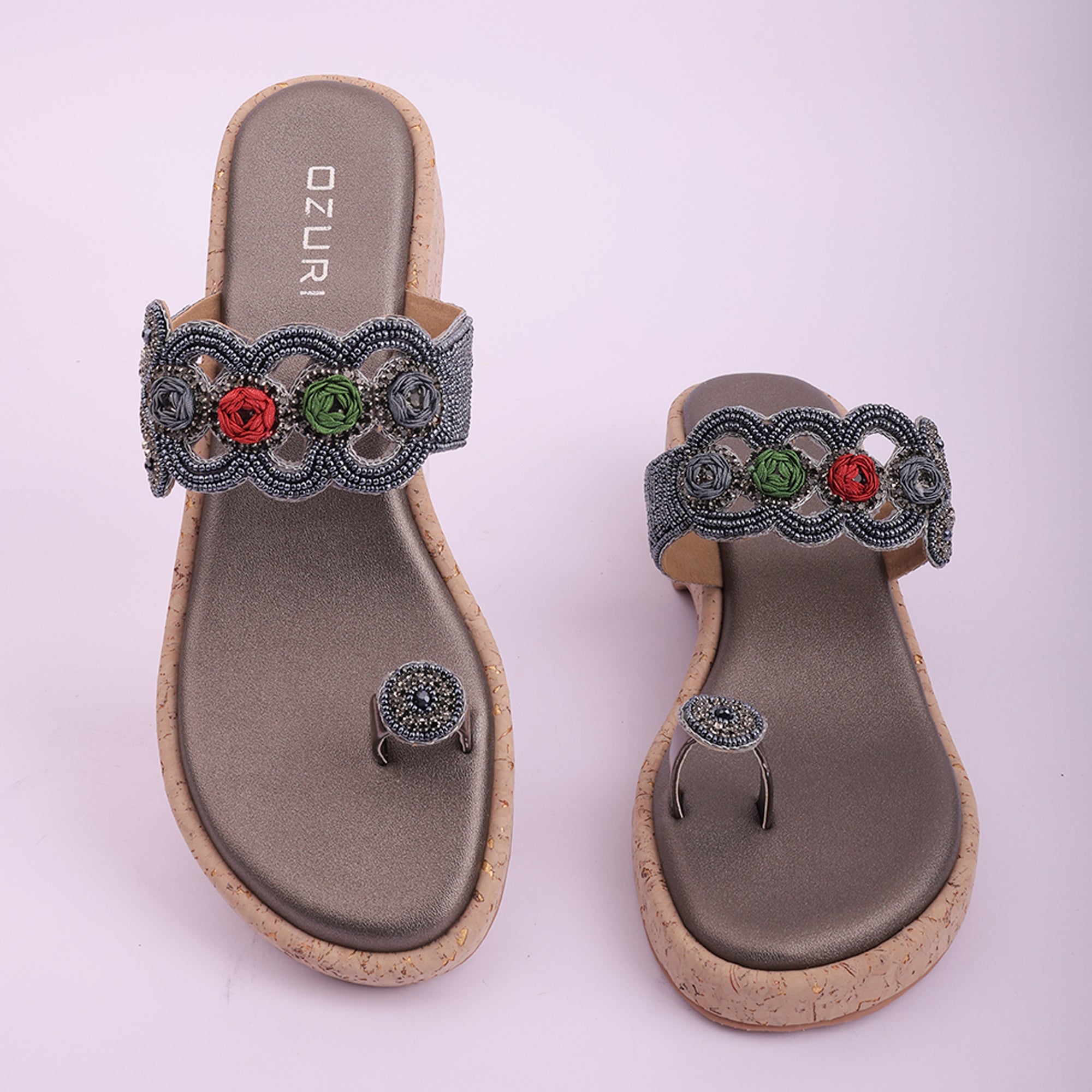 Embellished Ethnic Toe-Ring Wedge Sandals