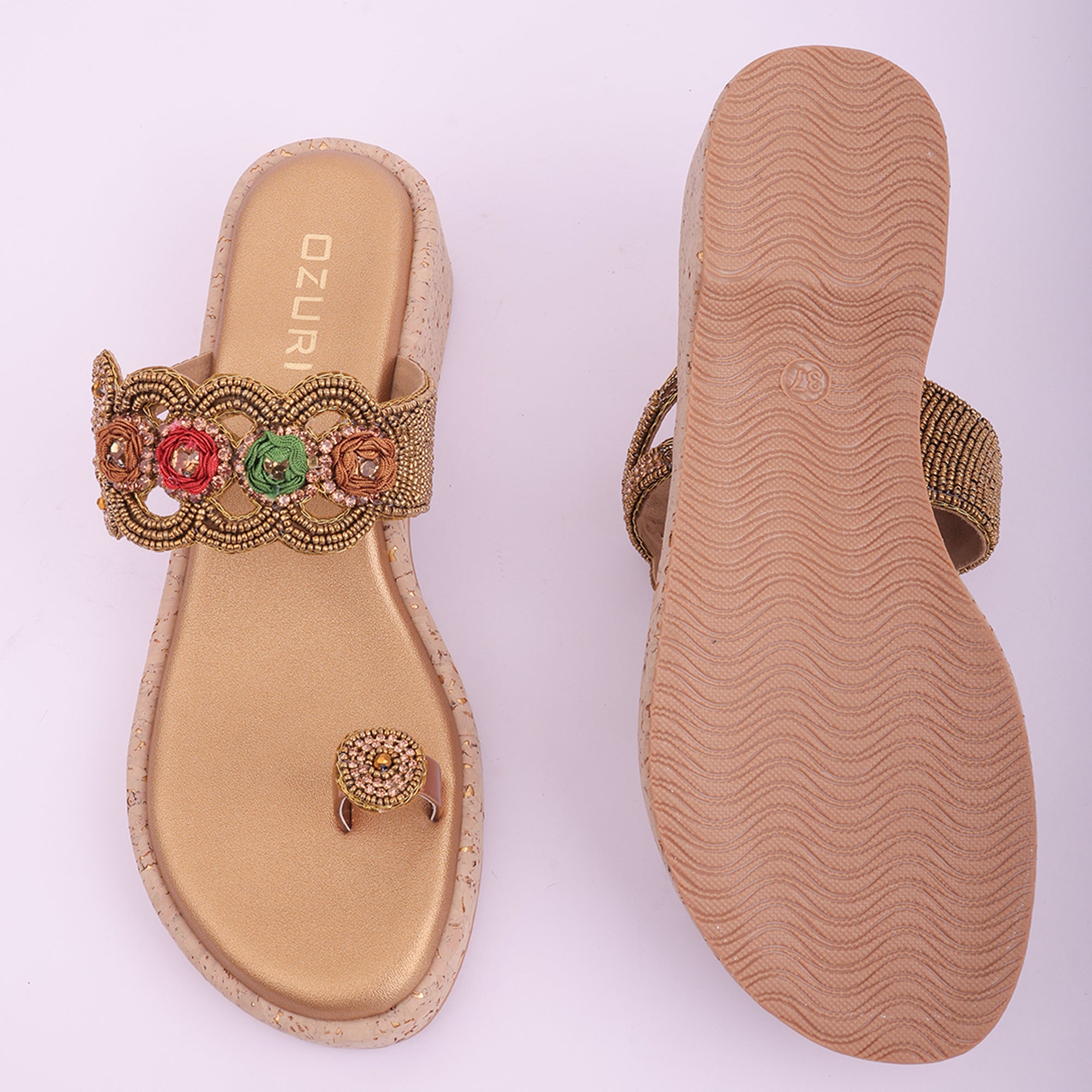 Embellished Ethnic Toe-Ring Wedge Sandals