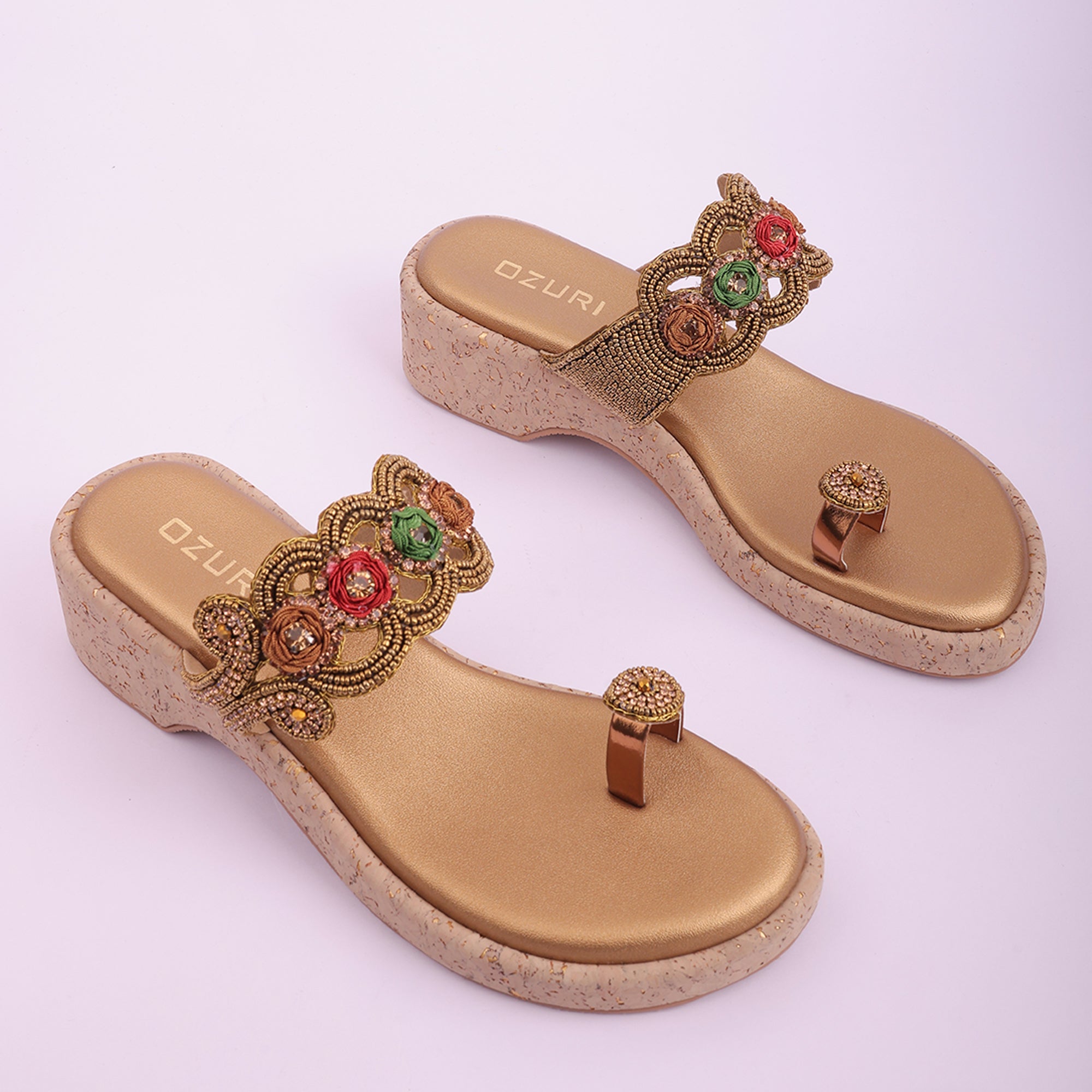 Embellished Ethnic Toe-Ring Wedge Sandals