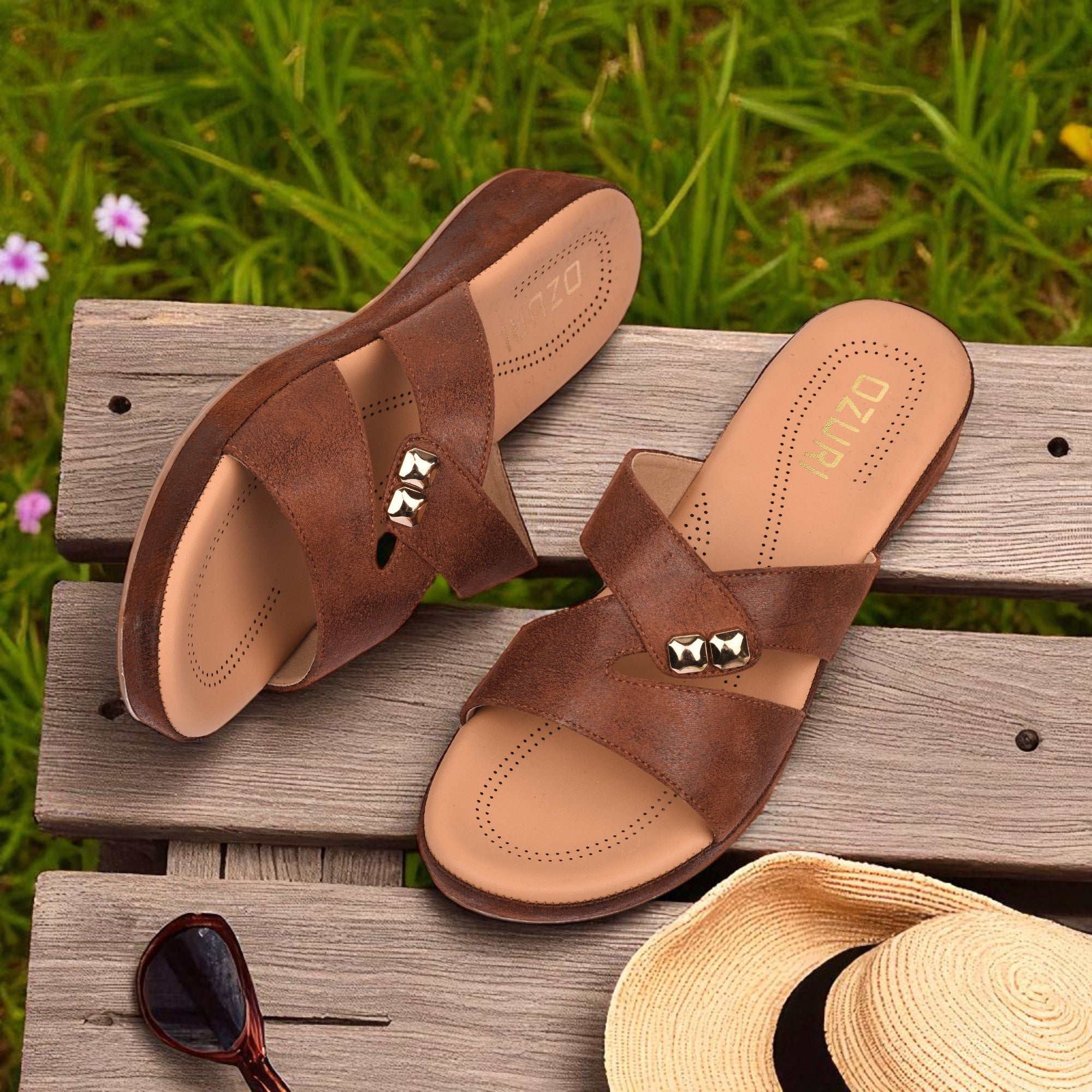 Women's Brown Cross-Strap Wedge Sandals with Gold Stud Accents